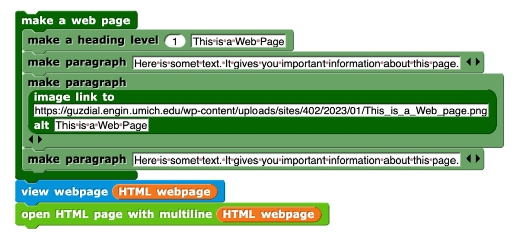A set of Snap blocks that render a web page where the image block also includes an alt tag.